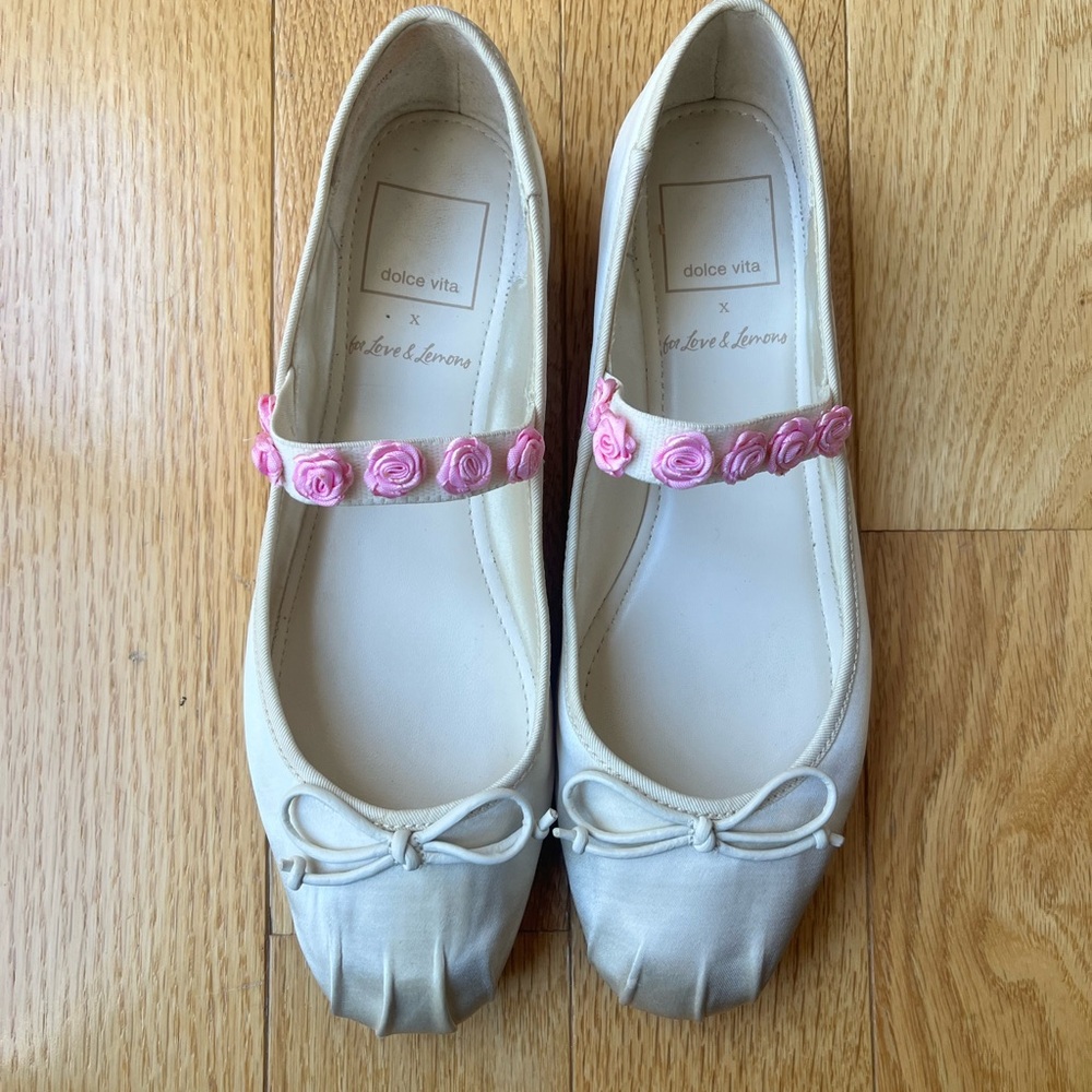 Dolce Vita X For Love & Lemons Satin Cream Flats with Pink Rosette Strap